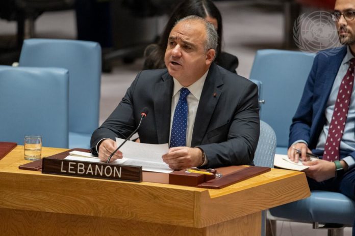 Hadi Hachem, Deputy Permanent Representative of Lebanon to the United Nations, addresses the Security Council meeting on 28 August 2024. Photo Credit: UN Photo/Manuel Elías