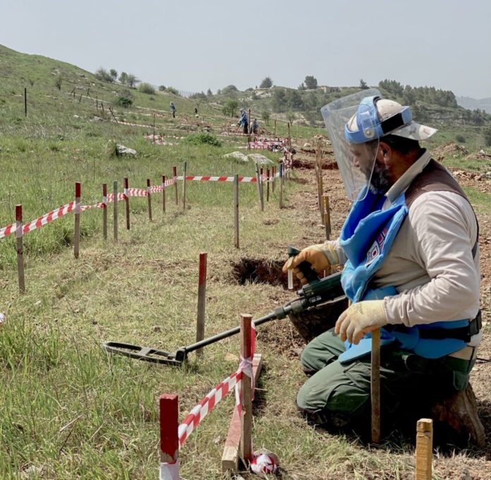 A clearance operator uses a detector to search for cluster munition remnants in Lebanon’s South governorate. (Archive)