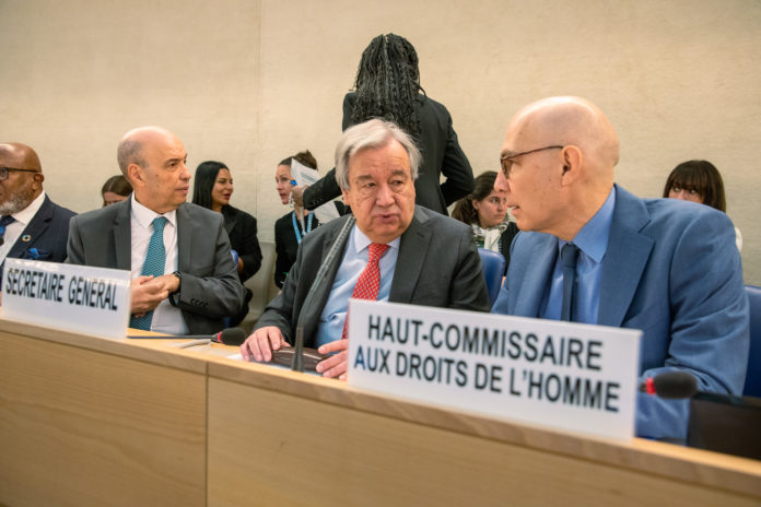 António Guterres, United Nations Secretary-General, and Volker Türk, United Nations High Commissioner for Human Rights, at the opening of the Human Rights Council 55th Session, Palais des Nations, Geneva, Switzerland - 26 Feb 2024. UN Photo / Elma Okic